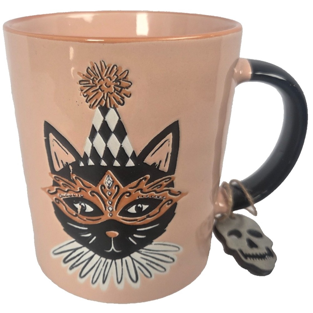 Prima Design Halloween Black Cat Mug 16oz Pink Ceramic Skull Charm New